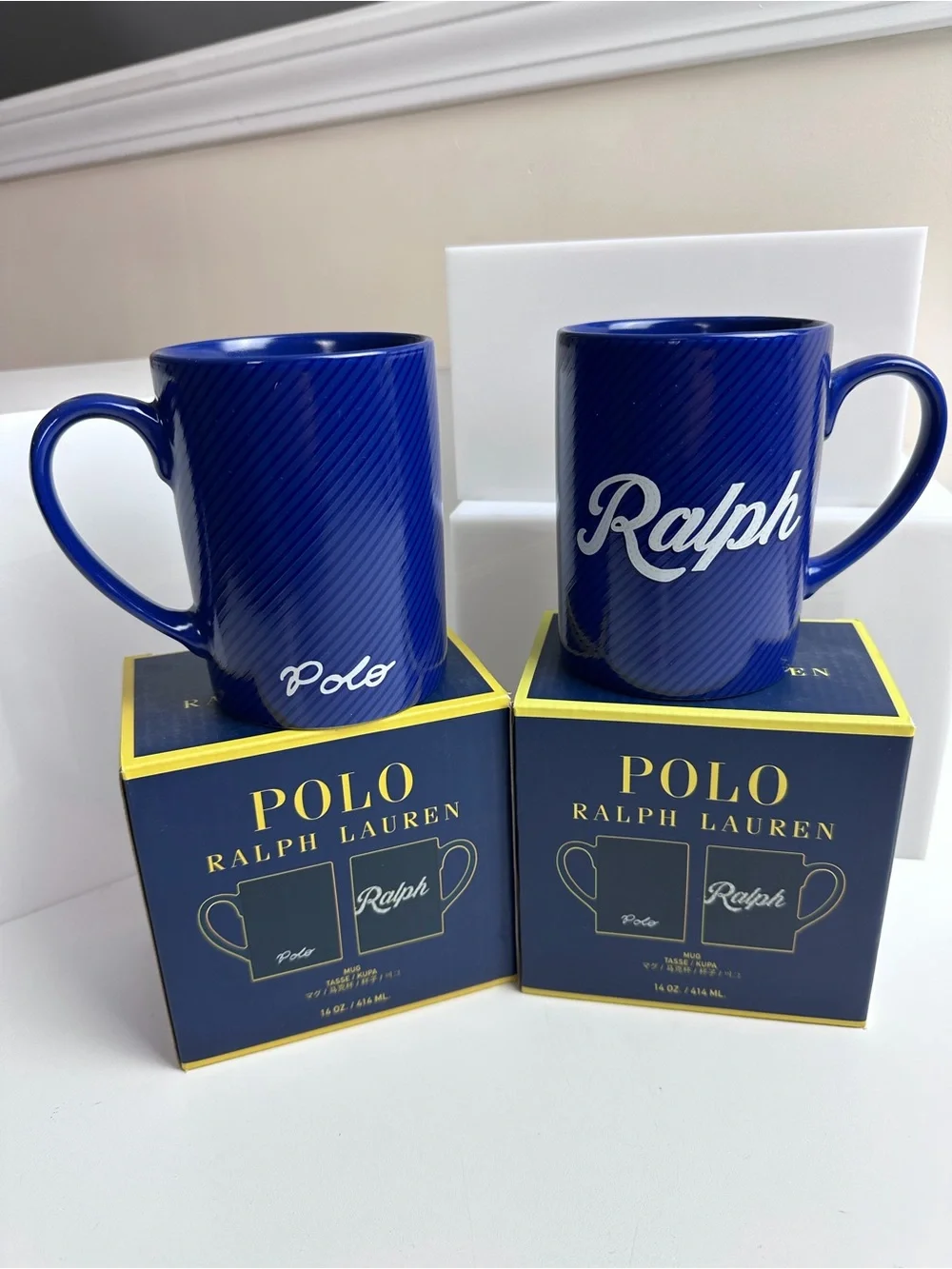 Polo Ralph Lauren Home The Ralph Coffee Mugs NIB set of 2 Preppy Blue & White